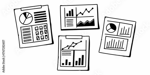 Illustration of four clipboards displaying various graphs charts and data analysis information in black and white