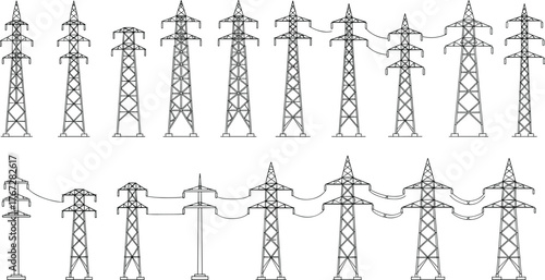 Electrical transmission tower set, power pylon variations, lattice structure comparison, energy grid infrastructure, utility pole designs, engineering illustration, technical line drawing