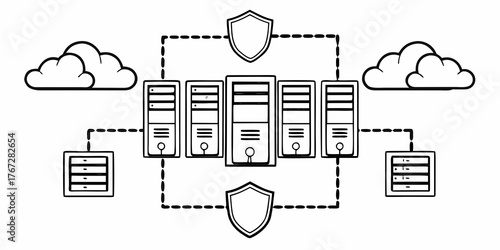 Outline illustration of cloud servers connected to storage with security shields above and below