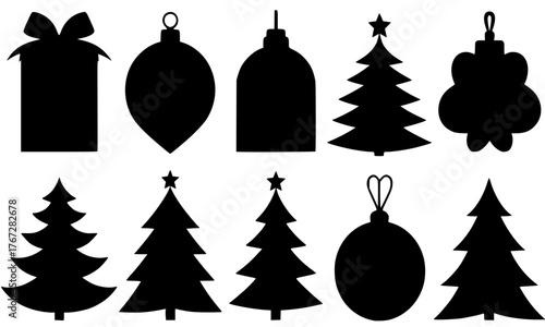 Modern Luxury Christmas Greeting Card Vector Set, Blue and Gold Holiday Design, Ornaments, Gift Box, Stars, Geometric Pine Tree, Elegant Festive Decorations, Invitations, Posters, Wall Art, Social Med