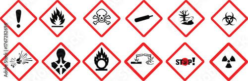 GHS pictograms. Warning Hazard Hazardous Danger Dangerous Icon set. Explosive Flammable Oxidizing Compressed Gas Corrosive Toxic Harmful Corrosive Environmentally Unsafe Vector Symbols.