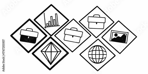 Seven diamond shaped icons featuring business, data, globe, diamond, and landscape elements design