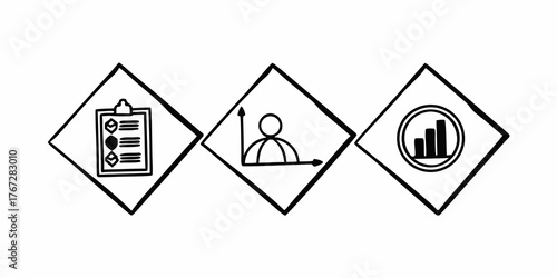 Three diamond shaped icons displaying a checklist a graph and a bar chart in black and white style