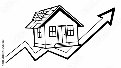 Illustration of a house sitting atop an upward trending arrow indicating property value increase shown