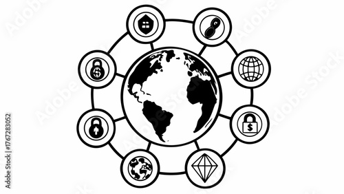 Illustration of a world globe surrounded by security and connection icons in a circular arrangement