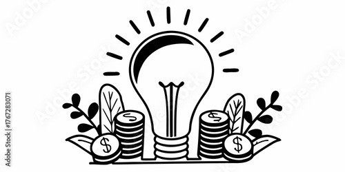 Illustration of a lightbulb with radiating lines surrounded by stacks of coins and leafy branches