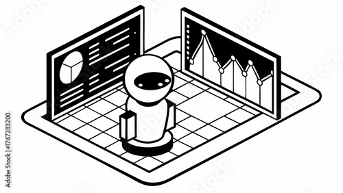 Isometric view of a robot standing on a grid with charts and graphs displayed on screens around it