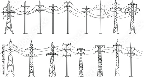 Electrical transmission towers and utility poles, power line infrastructure, lattice steel structures, energy distribution network, engineering design, industrial grid system illustration
