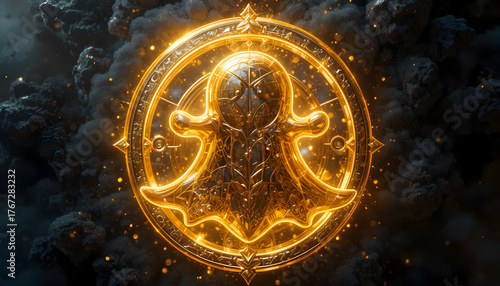 An ornate golden snapchat logo, encased in a detailed compasslike circle, glows against a stormy, smoky background, blending technology with a vintage, adventurous aesthetic