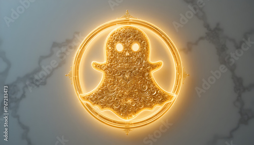 A radiant golden snapchat logo, encircled by a shimmering ring, stands out against a soft, marbled background, exuding a sense of modern luxury and digital sophistication