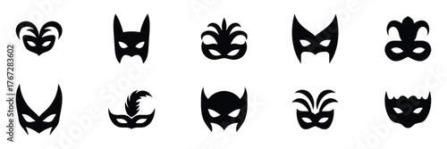 Festive masks silhouette in black on a white background. Carnival masks silhouettes set. Masquerade masks. Carnival mask icon vector isolated on white background. Perfect for web and mobile app design