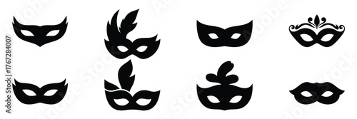 Mask superhero or carnival bandit burglar vector icon set. Black masquerade costume eye mask silhouette hidden villain scammer face. Simple design theater artist masque shape vector illustration.