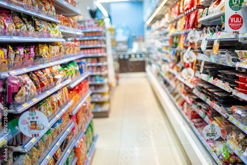Abstract blurred colorful supermarket shelf
