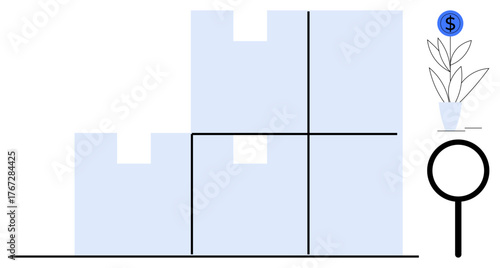 Boxes stacked in tiers next to a magnifying glass and potted plant with a dollar coin. Ideal for growth, investment, research, development, finance, organization, strategy. Simple flat metaphor
