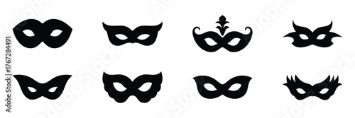Carnival masks silhouettes icon set. Simple black icons masquerade mask, for party, parade, carnival, Halloween. Mask elements isolated sign, symbol. Vector illustration. EPS 10