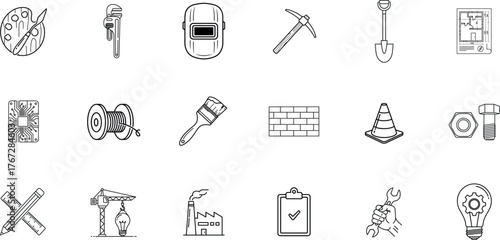 Collection of hand drawn industrial and construction tools and safety equipment on a white background