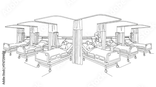 Hospital Ward Line Art — Nurse Attending Patients in Bed with IV Stands and Curtain Partitions, Minimal Continuous Vector Illustration