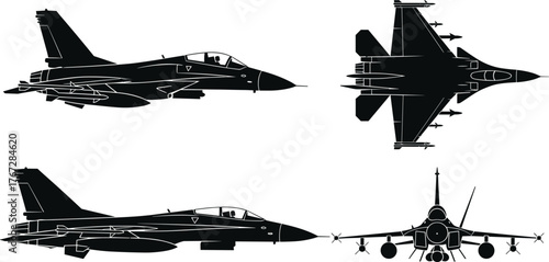 Fighter jet silhouette, aircraft side top rear view, military aviation vector, warplane illustration, aerospace engineering graphic, black jet icon set