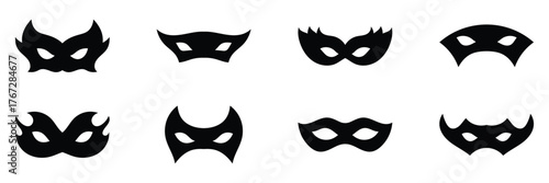 Mask superhero or carnival bandit burglar vector icon set. Black masquerade costume eye mask silhouette hidden villain scammer face. Vector illustration. EPS 10