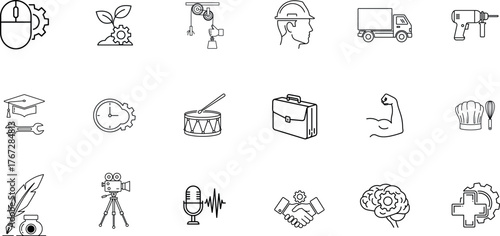 Collection of hand drawn sketch icons representing science technology medicine and innovation concepts