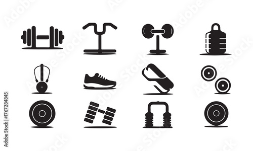 Collection of fitness and gym equipment icons isolated on white background