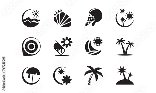 Collection of summer themed icons isolated on white background, including sun and beach