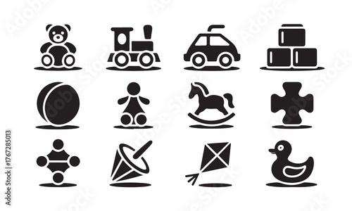 Collection of various toy icons isolated on white background for kids