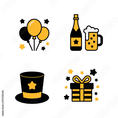 A festive collection of icons featuring balloons champagne beer hat, celebration, present, alcohol, celebrate, anniversary, birthday, and a wrapped gift box with a bow design
