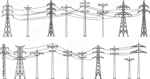 Electrical transmission towers and utility poles, power grid infrastructure, lattice steel structures