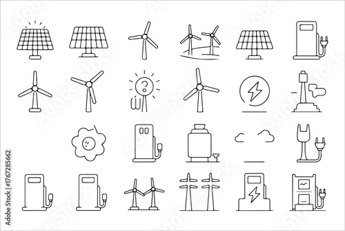  Collection of hand drawn renewable energy and eco friendly technology icons