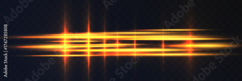 Abstract glowing gold light streaks with cross flares and motion blur on dark background.