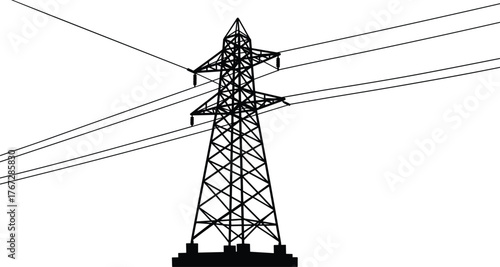 High voltage electricity pylon silhouette, power transmission tower, energy infrastructure, lattice structure, industrial utility, electric grid, sunset background, vector illustration
