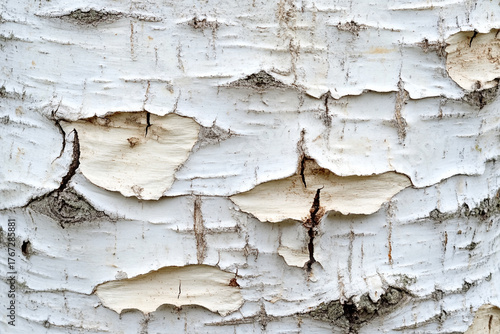 Close-up of birch tree bark with its iconic white peeling layers