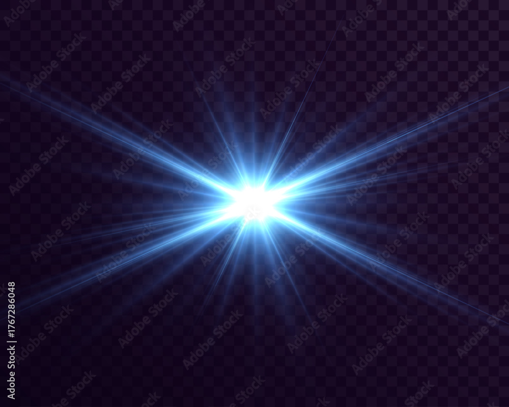Fototapeta premium Bright blue glowing light flare with shining starburst rays and transparent glow effect on dark background. 