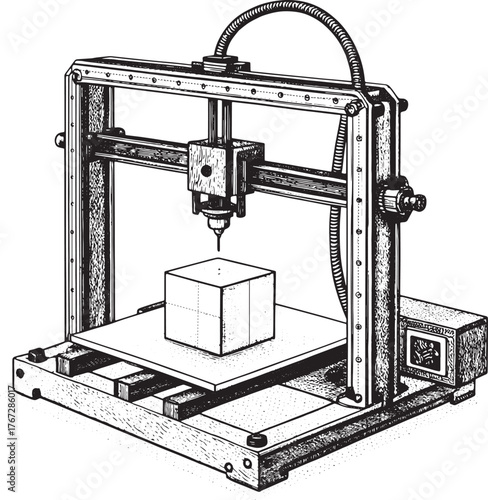 A milling machine with a cube on the platform in black and white style