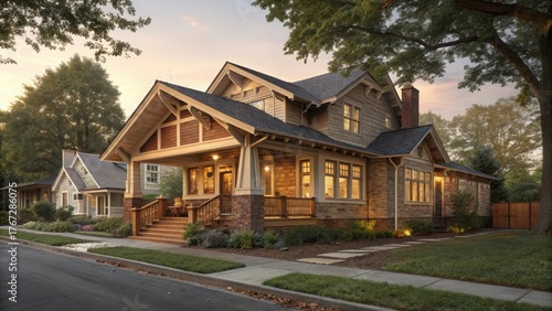 Craftsman bungalow with porch and warm evening lighting
