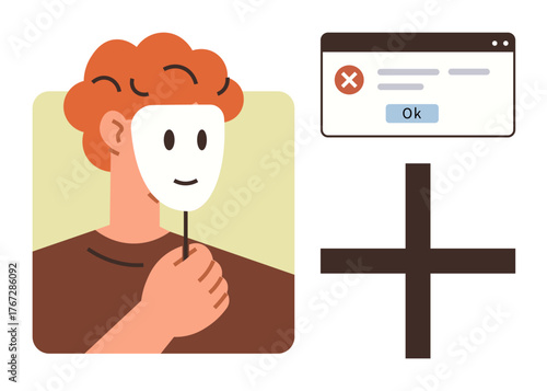 Red-haired individual holding a mask. Adjacent error message box and plus sign suggest themes of online identity, deception, or mistakes. Ideal for cybersecurity, privacy, fraud, digital trust