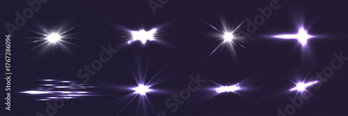 Set of glowing light flares with bright starburst and lens flare effects on dark transparent background.
