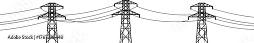 High voltage electricity transmission towers, power lines infrastructure, energy distribution network, lattice pylons, electrical grid system, industrial utility, rural landscape background