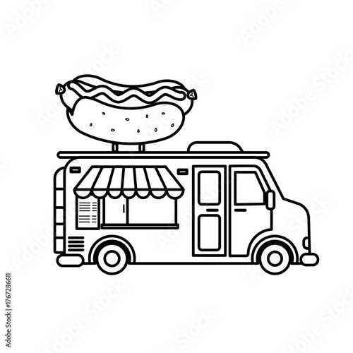 Line Art Food Truck with Hot Dog Icon Vector Illustration, Stroke Editable 