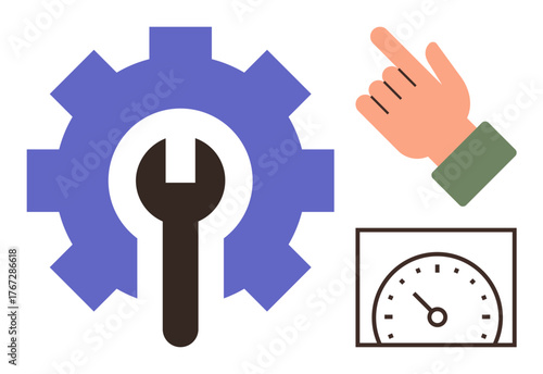 Gear with wrench for repair, hand pointing gesture, speedometer for measurement. Ideal for maintenance, settings, optimization, technical support, productivity workshop tasks efficiency. A simple