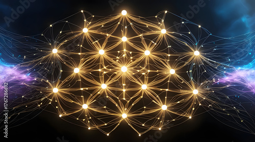 Cinematic Golden Neural Network Web with Glowing Nodes on Black Futuristic Background