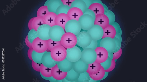 3D illustration of an atomic nucleus composed of colorful protons and neutrons, glowing softly against a dark background, symbolizing nuclear energy, physics, and subatomic structure