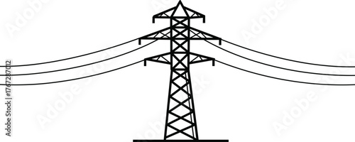 High voltage transmission tower, black and white vector, electricity infrastructure, power pylon illustration, lattice structure, electric lines, utility pole, energy grid drawing