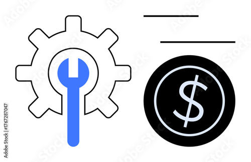 Gear with wrench and dollar coin emphasizing service optimization and cost management. Ideal for business, finance, technology, engineering, repair, savings, efficiency. Simple flat metaphor