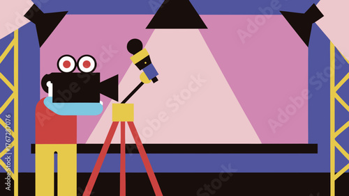 Illustration of a film set with camera, microphone, lights and stage in geometric style on transparent background silhouette