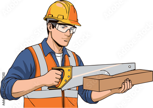 Construction Worker Cutting Wood with Saw A Professional at Work