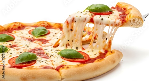 Delicious margherita pizza slice with stretchy mozzarella cheese