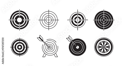 Assorted target icon set with arrow in bullseye vector illustration