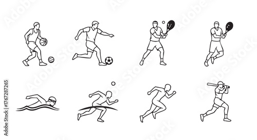 Athletes in action line art illustration for sports infographic designs